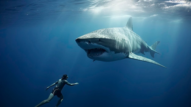 海でサメの隣で泳いでいる男