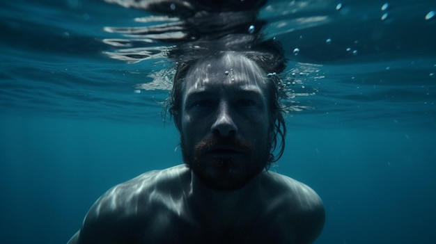 A man swimming underwater in the sea with the word sea on the bottom.