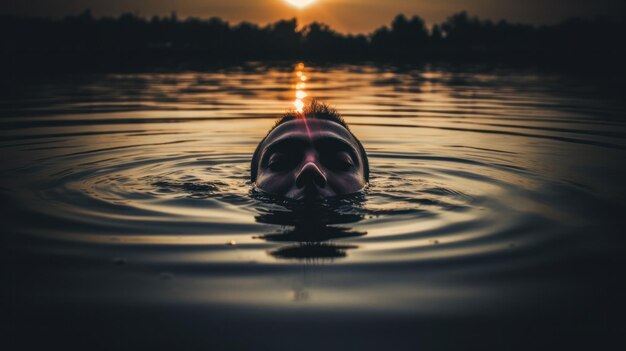 Foto un uomo che nuota in acqua al tramonto godendo la bellezza serena della natura39 i colori si mescolano armoniosamente