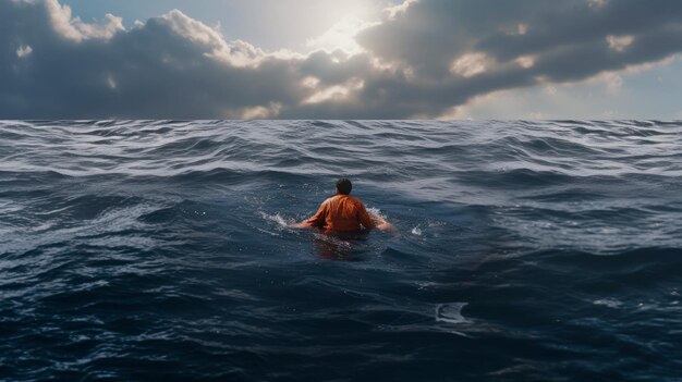 Photo a man swims alone and calls for help on the open sea