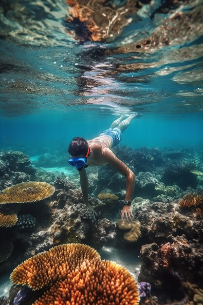 A man swims under a coral reef in the maldives