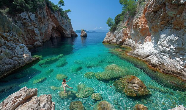 a man swims in a lake surrounded by rocks