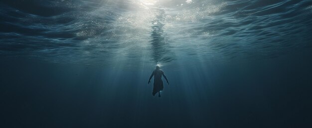 a man swims in the ocean with the sun shining through the water.