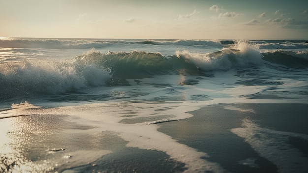 A man in a swimsuit is standing on a beach with a large wave in the foreground.