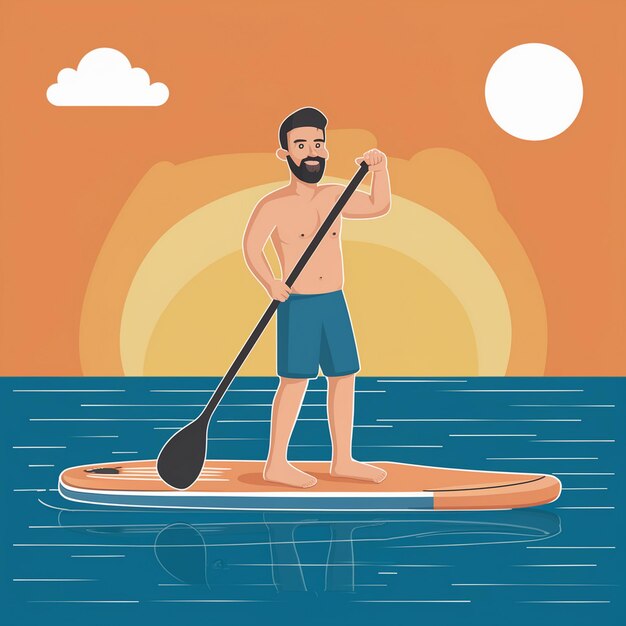 Photo a man in a swimsuit is on a surfboard with a man paddling