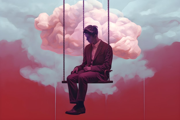 A man on a swing with a cloud in the background