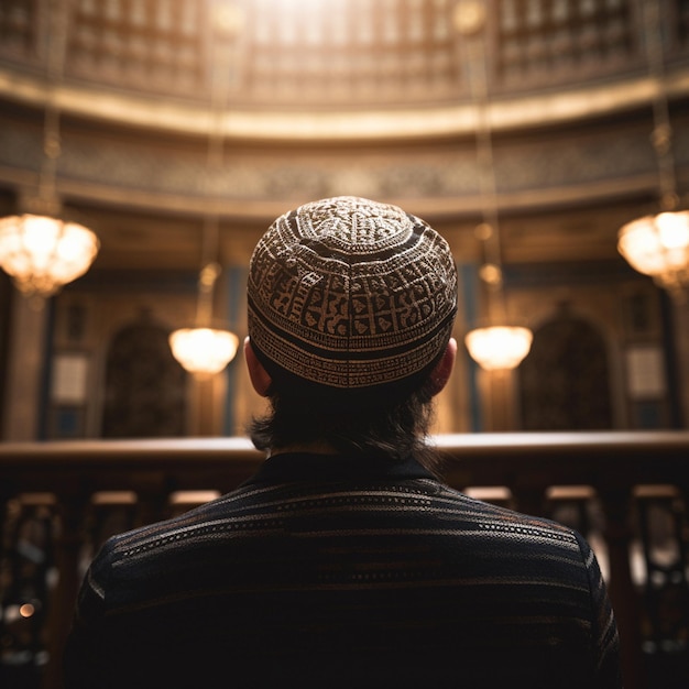 Man synagoge en Joodse terug in religie geloof of geloof voor Hannukah pascha of yom kippur gebed