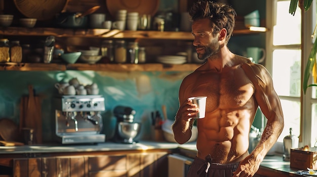 한 남자가 을 은 후 집에서 커피를 마시고 있다.