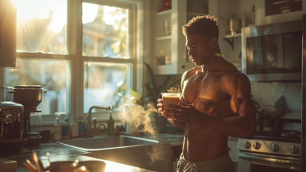 A man takes in a cup of coffee in his home eating area after working out sun Generative AI