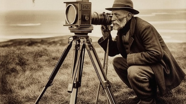 A man takes a photo of a camera with the number 50 on it.