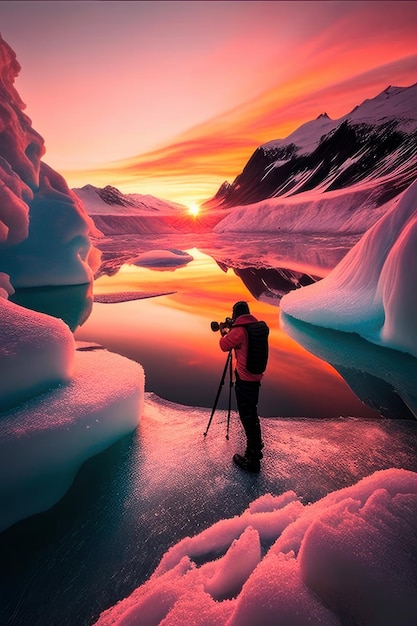 A man takes a photo of the mountains and the sun