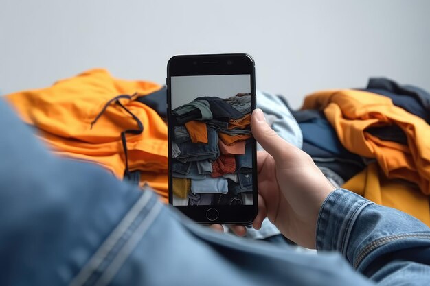 Photo man takes photo on smartphone of used clothing for resale ai