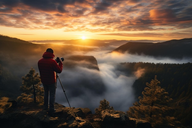 A man takes a photo of a sunrise over a mountain with a camera