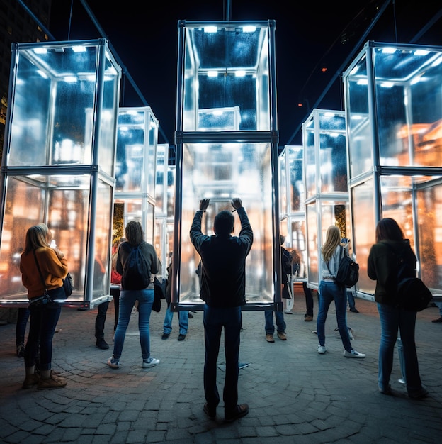 a man takes a picture of a group of people in front of a glass cube.