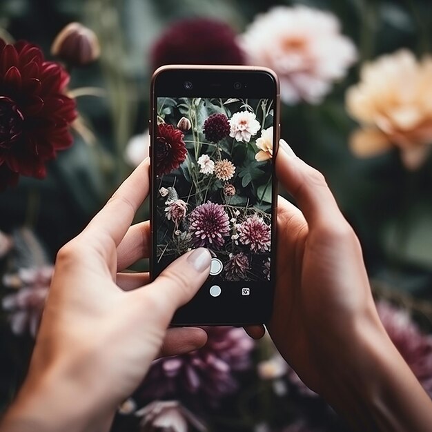 Foto l'uomo scatta foto su uno smartphone di bellissimi fiori rossi in primo piano il lavoro di un blogger