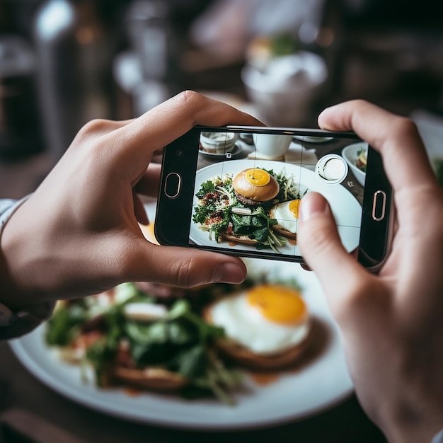 Photo man takes pictures on smartphone of plate with food appetizing scrambled eggs closeup blogger