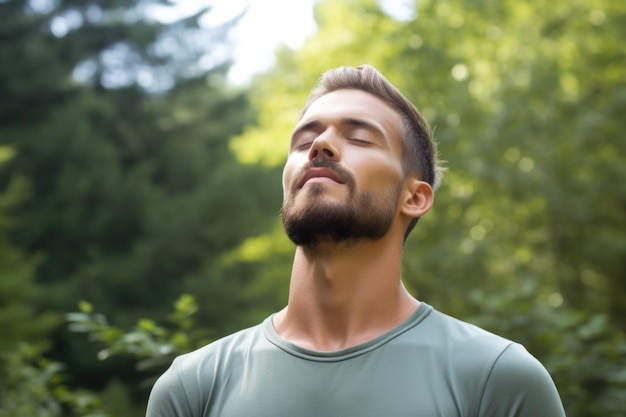 Photo man taking deep breaths outdoors