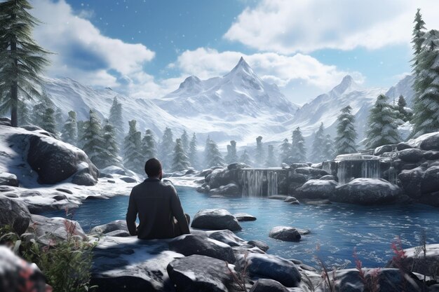 Man taking an ice bath in a spa cold water therapy with floating ice cubes