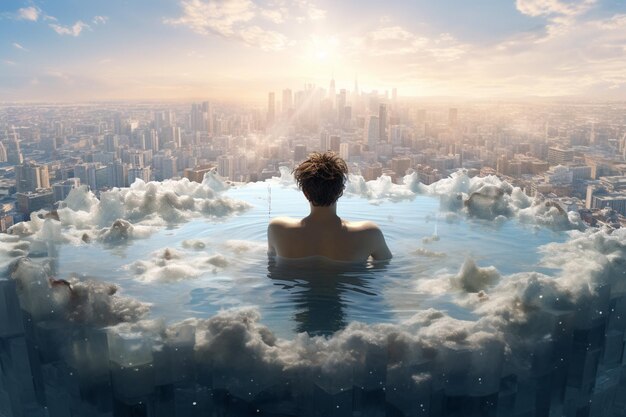 Мужчина принимает ледяную ванну в спа-центре. Терапия холодной водой с плавающими кубиками льда.