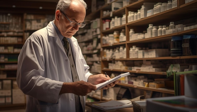 man taking inventory in a pharmacy store ultra realistic