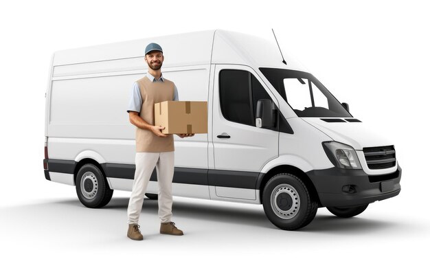 Photo man taking out a parcel box from the delivery van presented in isolation a delivery adventure on white isolated on transparent background