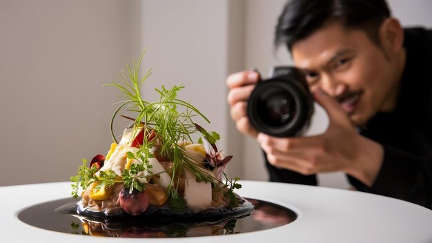 写真 準備された料理の写真を撮る男性