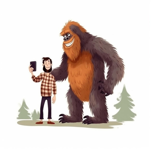 A man taking a picture of a bigfoot standing next to a man generative ai