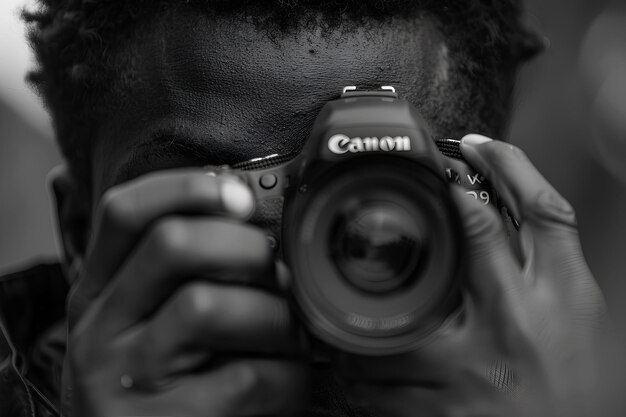 A man taking a picture with a camera in front of his face with a lens attached to his face portrait