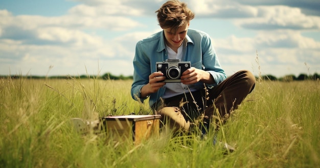 Мужчина фотографирует старинной камерой на поле