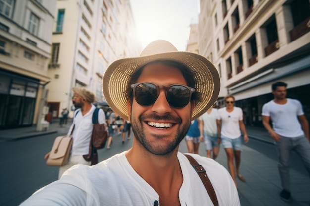 a man taking selfie in the big city