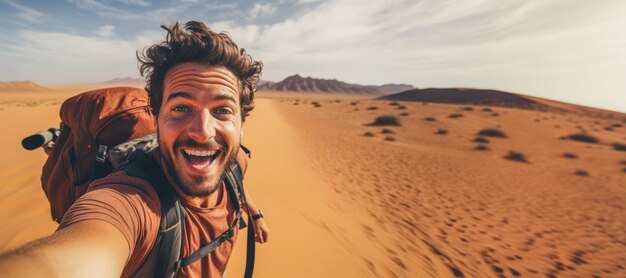 Foto uomo che si fa un selfie nel deserto ai generativa