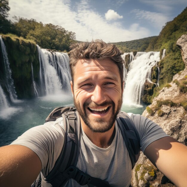 A man taking a selfie in front of the waterfall