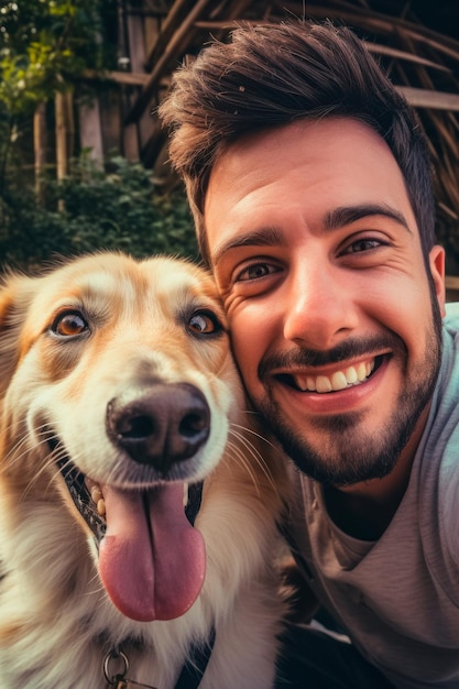 A man taking a selfie with her beloved dog AI generative