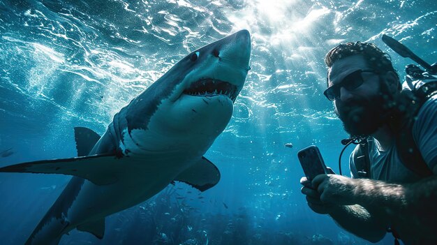 Photo man taking a selfie with a shark copy space for text image of people and animal