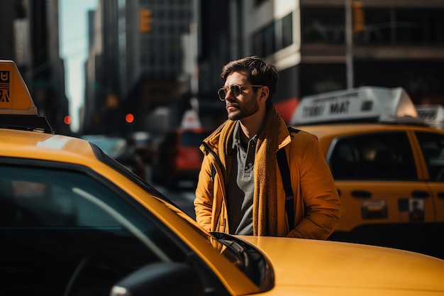 man taking a taxi in NYC travel man with landscape travel blog