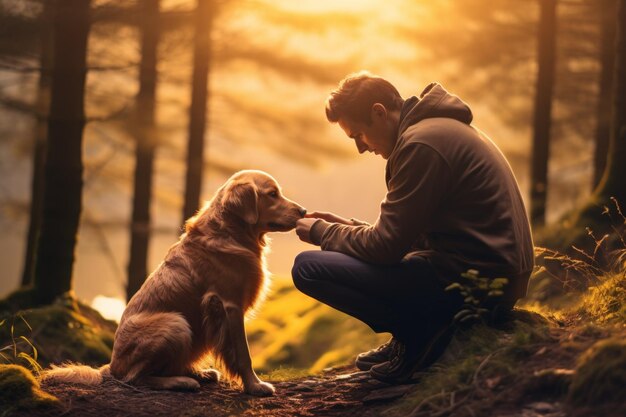 man talking to dog in park Generative AI