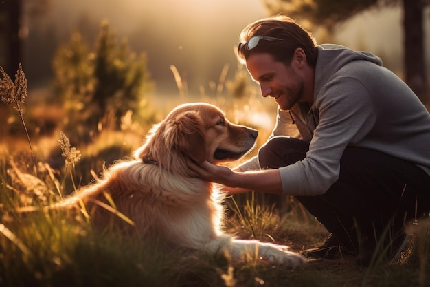 man talking to dog in park Generative AI