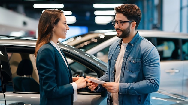 Man talking with female sales person in a car show room