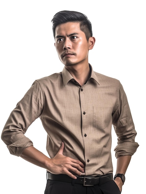 Photo a man in a tan shirt stands in front of a white background.