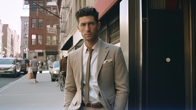 A man in a tan suit stands in front of a building.