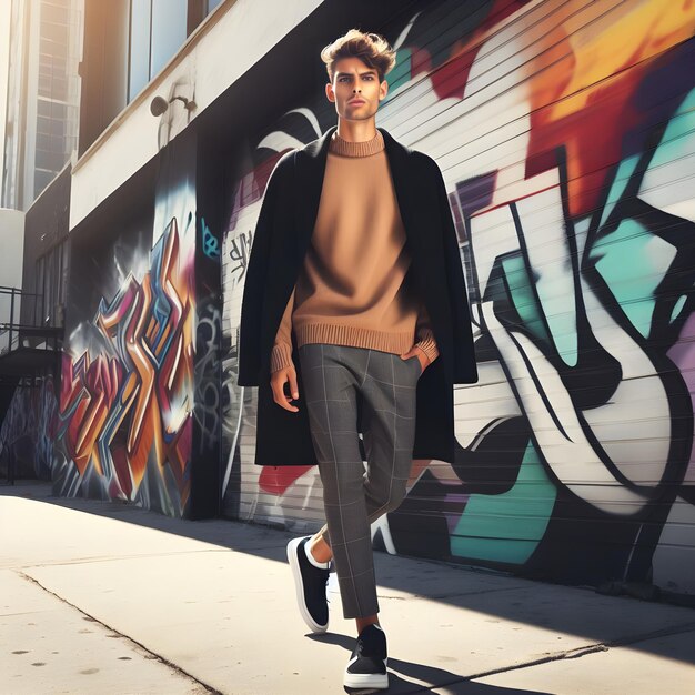 Man in a tan sweater and gray pants walking down the street