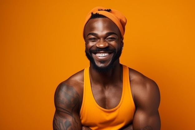 A man in a tank top smiles with his arms crossed
