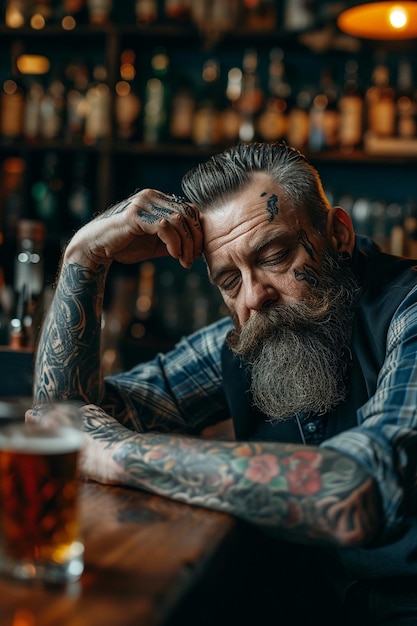 a man in a tattoo relaxes in a bar