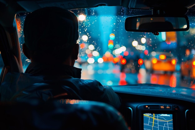 A man in a taxi looking out the window of the night city