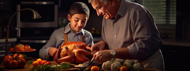 写真 男は孫に感謝祭のトルコの料理を教える