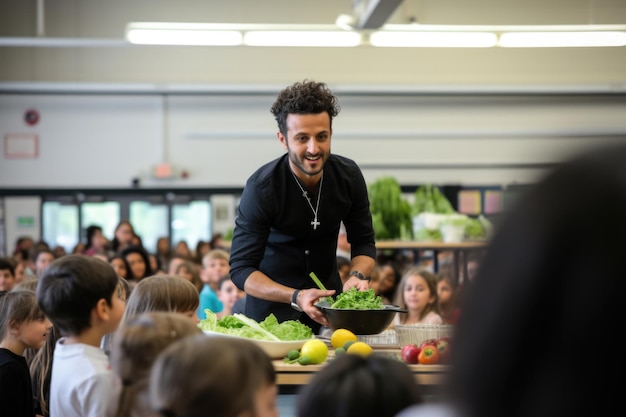 man teaching children about vegan food