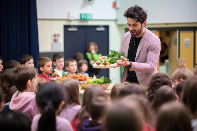 man teaching children about vegan food