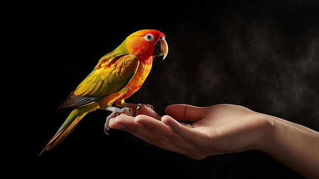 Photo a man teaching his pet bird to play simple background