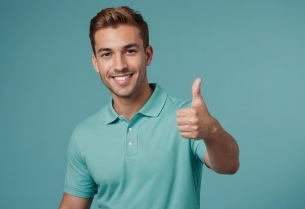 Foto uomo con una camicia polo azzurra con il pollice in alto il suo aspetto ordinato e sorriso affascinante trasmettere