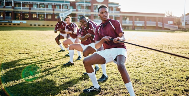 Photo man team and sports tug of war with rope for fitness exercise strength challenge or competition on field sport men in rivalry teamwork struggle or leadership pulling ropes in training activity